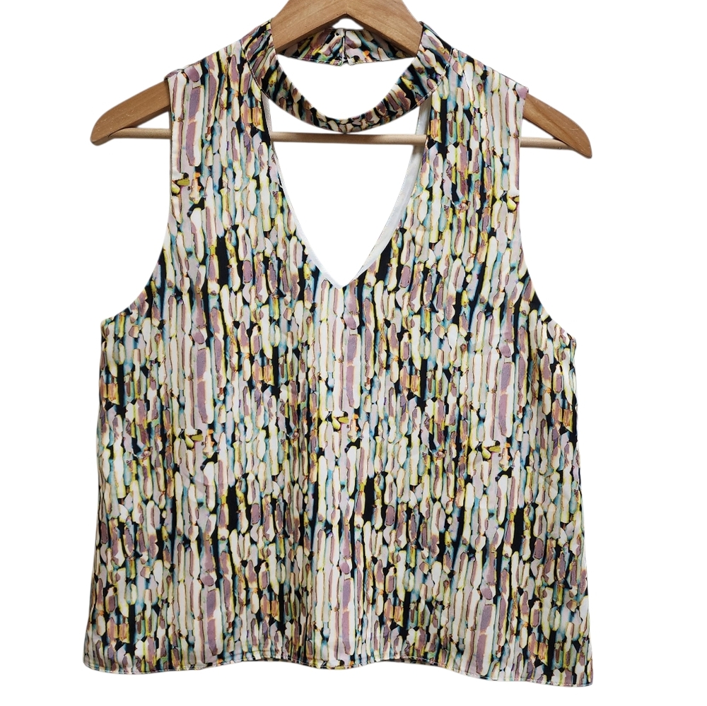 Waverly Grey Blouse Womens Sz S Multicolor Abstract Sleeveless Choker V Neck